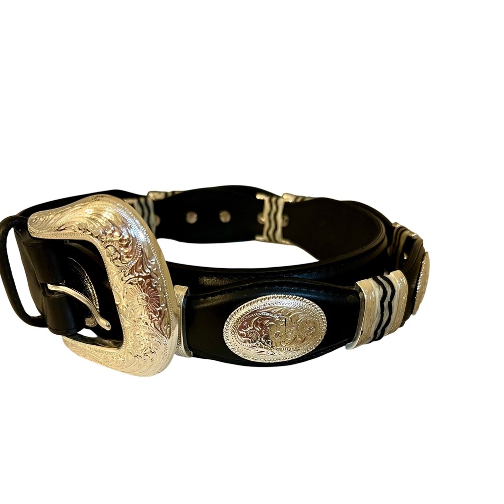 TONY LAMA CUTTING CHAMP WESTERN (Size 40) Men's Belt Black Leather Silver Metal